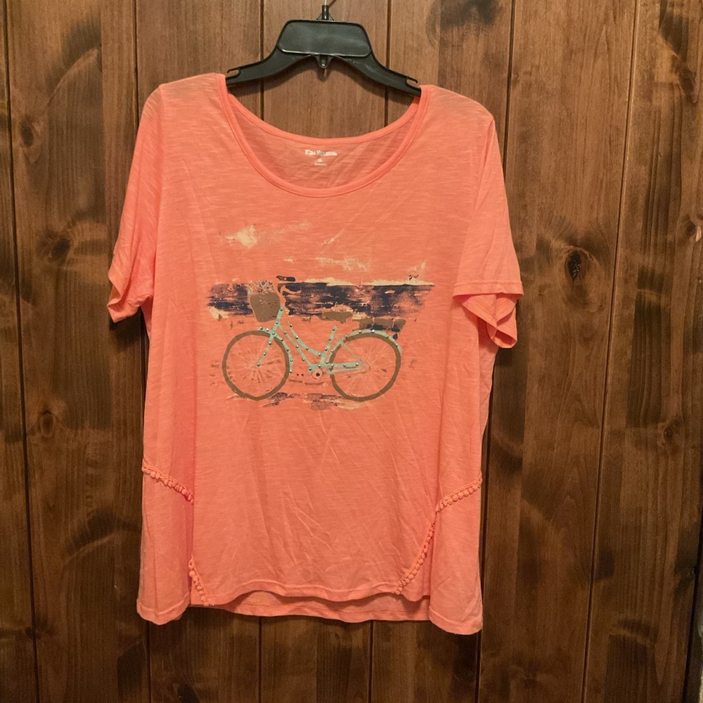 Kim Rogers Coral Short Sleeve Tee with Bicycle Graphic